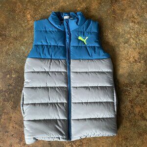 NWOT Puma Boys Puffer Vest Full Zip High Neck Neon Logo Gray/Blue M 10/12 143978